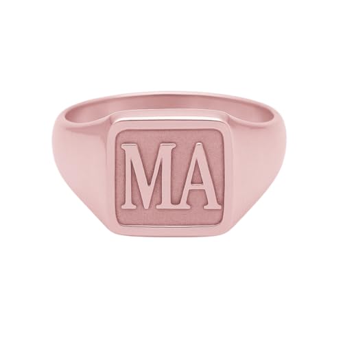 Customized Initial Pinky Ring Personalized Raised Engraved Letter Monogram Statement Signet Rings for Women Men - color: Rose Gold -Square