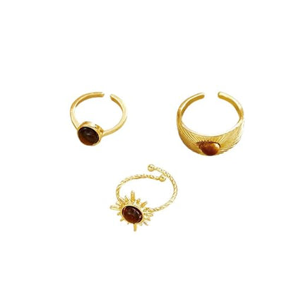 3Pcs Vintage Gold Tiger Eye Stone Knuckle Rings for Women,Stacked Bohemian Sun Statement Index Finger Rings,Personalized Trendy Jewelry Accessories Gifts