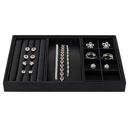 Oirlv Leather Multi-Function Jewelry Tray Black | Versatile Compartments for Rings/Earrings/Bracelets, Stackable Design - style: P01708