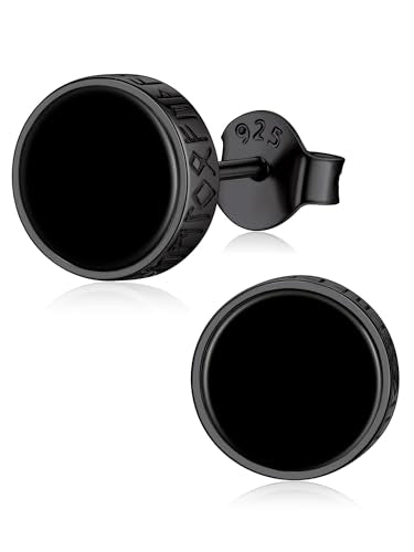 ChicSilver 925 Sterling Silver Viking Rune Natural Black Onyx Stud Earrings For Women Men - style: A: Side Runes-Black 8mm