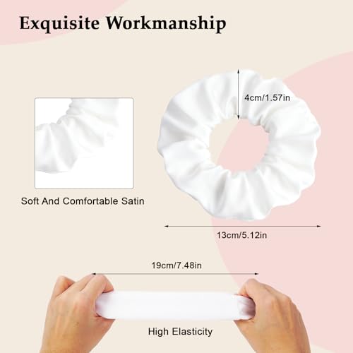 Satin Scrunchies for Women – 8PCS White Silk Hair Ties – No Crease, Frizz-Free, Gentle Elastic Hair Bands for Thick & Thin Hair, Soft & Stylish Hair Accessories Gifts - color: Large-White
