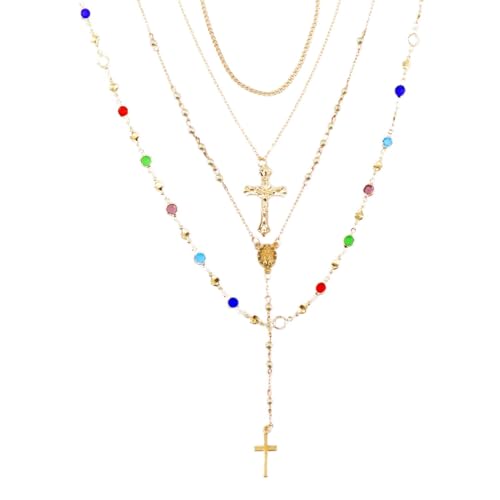 Gold Cross Layered Necklaces for Women,Colorful Crystal Drop Necklace,Gold Cross Pendant Necklace Stack,Fashion Long Tassel Chest Chain Jewelry Layered Rhinestone Neck Chain Accessories - color: Gold-1