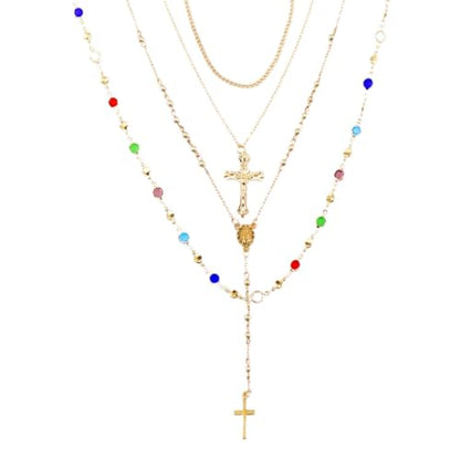 Gold Cross Layered Necklaces for Women,Colorful Crystal Drop Necklace,Gold Cross Pendant Necklace Stack,Fashion Long Tassel Chest Chain Jewelry Layered Rhinestone Neck Chain Accessories - color: Gold-1