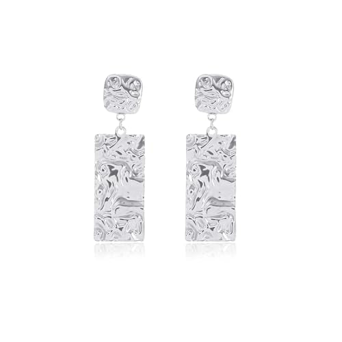 Large Geometric Drop Dangle Earrings for Women Pearl Teardrop Disc Rectangle Oval Fishtail Shell Shaped Textured Dangle Studs Earrings for Women - color: Silver-Rectangle