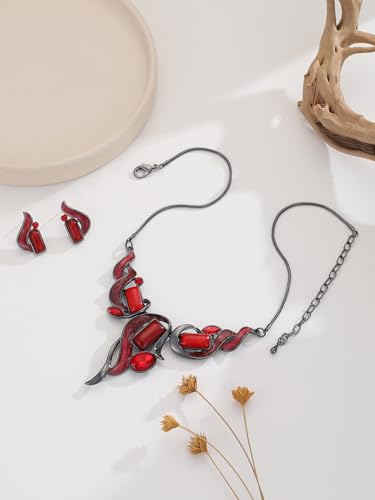 Chunky Statement Jewelry Set Vintage Retro Leaf Flower Floral Geometric Bohemian Boho Bib Necklace Earring Set Fashion Costume Jewelry for Women Girls Wedding Party Prom Unique Gift - style: Rectangle-red