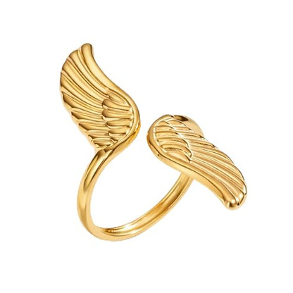AeraVida Gold-Plated Stainless Steel Feather Angel Wings Adjustable Ring Size 7-9, Minimalist Open Band Ring, Polished Fashion Jewelry, Symbolic Everyday Ring for Women