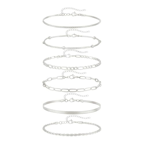 Fesciory 14K Gold Ankle Bracelets for Women, Layered Stackable Anklet Set | 6 Pcs Anklet Set, Layered Ankle Bracelet, Cuban Link Design, Stackable Plus Size, Adjustable Fit, Summer Beach Jewelry - color: Set8-Silver 6Pcs
