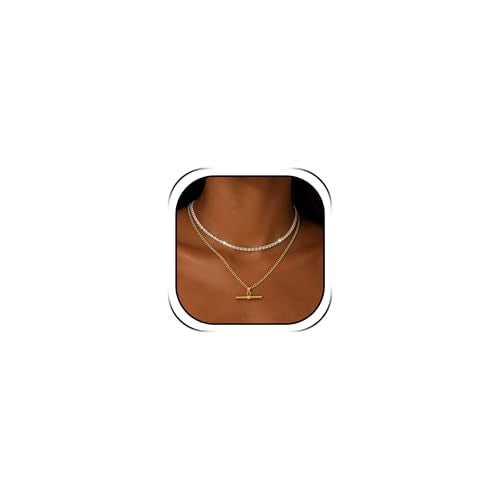 Layered Necklaces for Women Pearl Necklace Stack Gold T Bar Necklace Set Dainty Heart Pendant Jewelry Trendy 2026 Fashion Accessories Gifts - color: B5:2pcs-tennis-gold