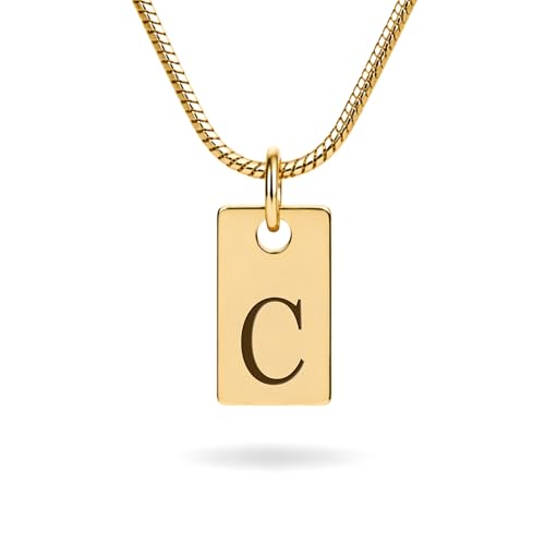 Initial Necklace in 18K Gold Plated, Personalized Engraved Letter Pendant, Gold Snake Chain, 6×10 mm Rectangle Charm for Women - color: C