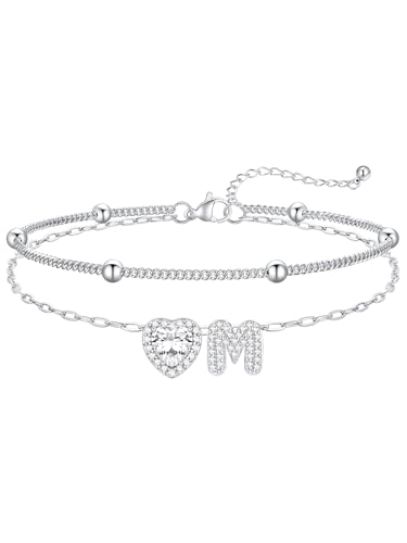 FaithHeart Waterproof Initial Ankle Bracelets for Women, Initial Anklets with Heart CZ Stainless Steel Layered Letter A-Z Anklet No Tarnish Ankle Jewelry - color: Silver, size: Initial M