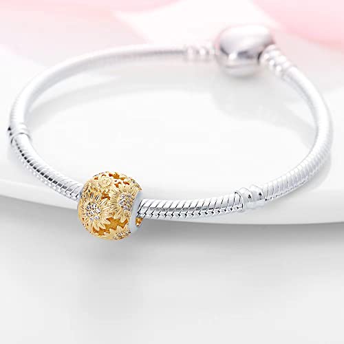 HappyStar 925 Sterling Silver Charms for Pandora Charms Bracelets and Necklaces Beads Charms Jewelry Mother's Day Gift for Women （With one Spacer Bead Charms - style: Golden Sunflower Charm