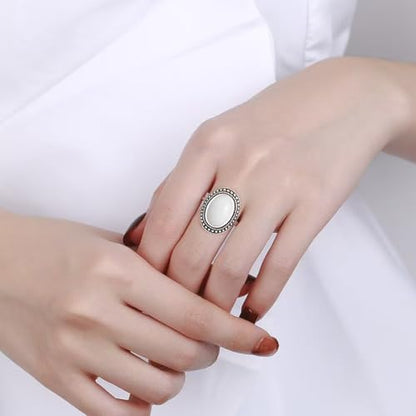Natural Oval Stone Boho Ring,Retro Antique S925 Sterling Silver Crystal Quartz Gemstone Bohemian Statement Handmade Ring Jewelry for Women Her - color: B10_White Jade