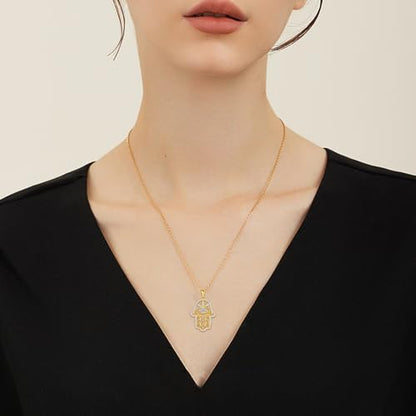 Hamsa Necklace 925 Sterling Silver Evil Eye/Lotus Flower/Star of David/Chai/Yin Yang Hamsa Hand Pendant Jewelry Hand of Fatima Gifts for Women - style: Evil Eye-Gold