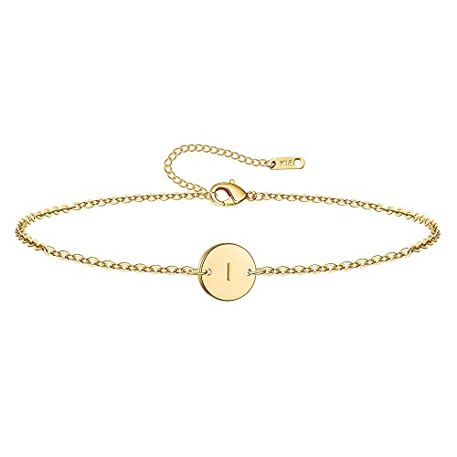 Ovian Initial Charm Bracelet for Women 18K Gold Plated stainless steel Coin Disc Engraved Letter Bracelet Personalized Monogram Name Bracelet - color: I
