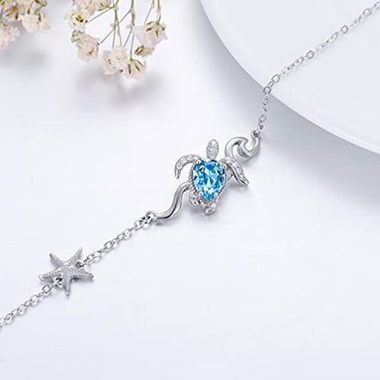 925 Sterling Silver Anklet Foot Bracelet with Crystal from Austria, Anklet Jewelry Gifts for Women 11 Inch Adjustable - style: B-Sea Turtle