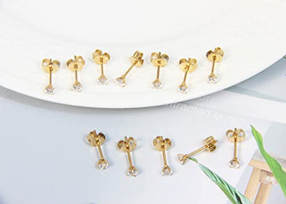 6Pairs 2mm/3mm Surgical Steel Hypoallergenic Piercing Studs, 20G 14K Real Gold Filled Tiny Stud Earrings Set for Multiple Hole Piercing (Cubic Zirconia, Pearl, Ball) - style: F : Cubic Zirconia, Gold, 3MM, 6 Pairs