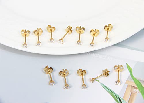 6Pairs 2mm/3mm Surgical Steel Hypoallergenic Piercing Studs, 20G 14K Real Gold Filled Tiny Stud Earrings Set for Multiple Hole Piercing (Cubic Zirconia, Pearl, Ball) - style: F : Cubic Zirconia, Gold, 3MM, 6 Pairs