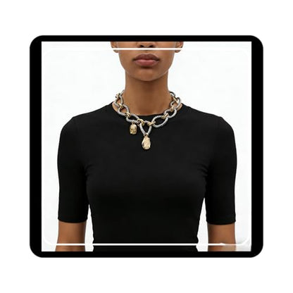 Doubnine Two-Tone Chain Link Necklace, Silver Rope and Gold Accents, Pendant Charm Choker
