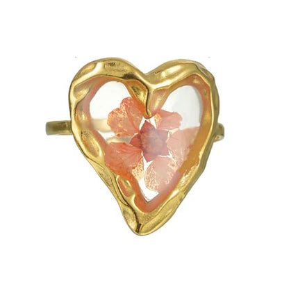 Hebelee Handmade Dried Flower Statement Ring for Women | Gold-Toned Stainless Steel,Adjustable,Pressed Blossom Forget-Me-Not Flowers Open Band Rings,Wedding Holiday Jewelry - color: Love Heart