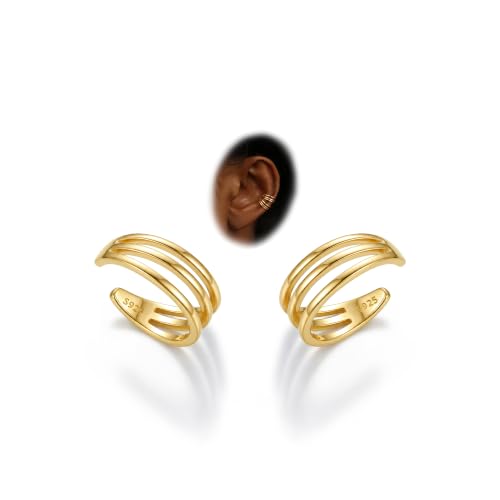 Subiceto 925 Sterling Silver Ear Cuffs Non Piercing - Adjustable Hypoallergenic 14K Gold Plated Clip On Earrings for Women Cubic Zirconia Silver Ear Cuff Helix Cartilage Fake Piercing - color: 08 Three Hoop Gold Tone