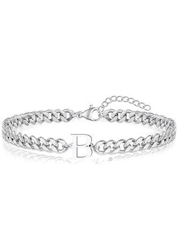 Initial Bracelet Matching Couple Bracelets Silver Letter A-Z Stainless Steel Cuban Link Chain Mens Bracelets Christmas Birthday Gifts for Men Women Him Teens Best Friends Husband Dad Son - color: B