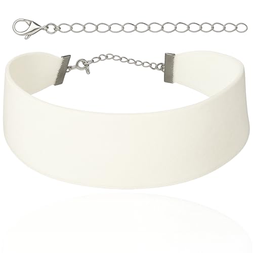 Velvet Choker for Women, Wide 1.5" 90s Ribbon Adjustable 12–18" with Stainless Steel Clasp, Soft Skin-Friendly Velvet — Black - color: White