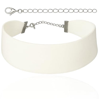 Velvet Choker for Women, Wide 1.5" 90s Ribbon Adjustable 12–18" with Stainless Steel Clasp, Soft Skin-Friendly Velvet — Black - color: White
