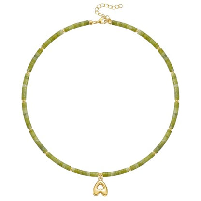 KELORIS PATH Beaded Initial Necklace for Women, 14K Gilded Plated Bubble Letter Pendant Natural Handmade Stone Choker Boho Colorful Summer Beach Jewelry Gift - color: Green Aventurine, style: Letter A
