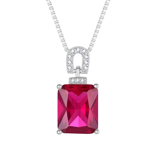 Emerald Cut Birthstone Necklace for Women 925 Sterling Silver | Baguette Birthstone Pendant Necklace, Jewelry for Mom Wife - color: Red