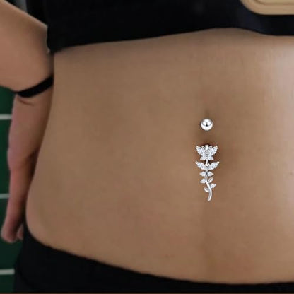 Vsnnsns 14G Dangle Belly Button Ring Piercing Jewelry 316L Stainless Surgical Steel Snake Heart Butterfly Flower Diamond CZ Navel Rings Dangling Belly Button Ring Piercing Jewelry for Women 14 Gauge - color: Silver Tone