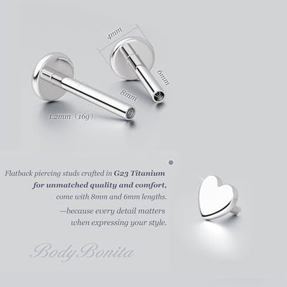 G23 Titanium 16G Tragus Conch Piercing Jewelry Flat Back Stud Earrings | Hypoallergenic CZ Nose Dangle Helix Medusa Lip Labret Body Piercing Jewelry, 14K Gold Plated, Silver, 6 and 8 mm Post Length - color: Heart-Titanium