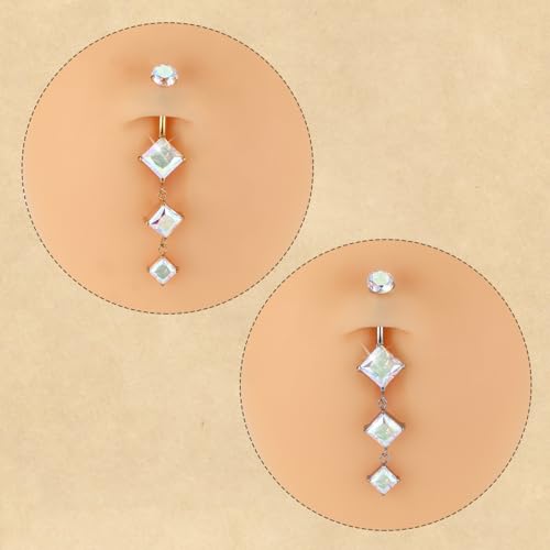 FUNLMO Dangle Belly Button Ring Titanium Belly Rings Belly Button Piercing Cube Zircon Internally Threaded Floating Navel Piercing Jewelry 14G 10mm - color: Silver,Aurora Borealis CZ