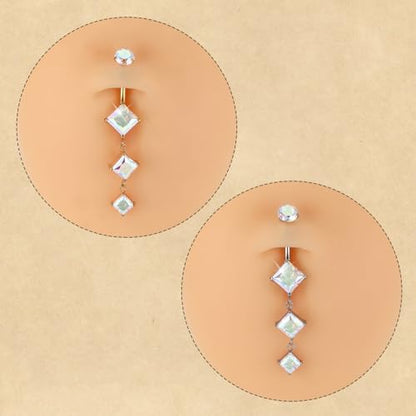 FUNLMO Dangle Belly Button Ring Titanium Belly Rings Belly Button Piercing Cube Zircon Internally Threaded Floating Navel Piercing Jewelry 14G 10mm - color: Silver,Aurora Borealis CZ