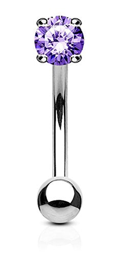 Forbidden Body Jewelry 16g 8mm Surgical Steel Curved Barbell w/Solitaire CZ for Daith, Eyebrow & Rook Piercings - color: Steel/Lavender