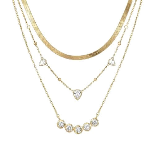 Coolkin 3 PCS Women Gifts Layered Gold Necklace for Women,14K Gold Plated Dainty CZ Pendant Layering Gold Necklaces Set Chain Choker Cubic Zirconia Necklace Trendy Jewelry Gifts - style: Circular CZ