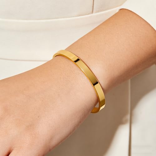 Waterproof Gold Bangle Bracelet sets for Women, 18K Gold PVD Plated Stainless Steel Stackable Bracelets Non Tarnish Oval Design, Minimalist Trendy Premium Jewelry - color: Gold