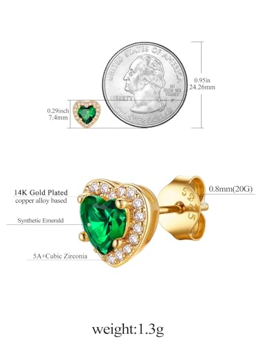 FindChic Birthstone Earrings for Women, Round/Heart/Square/Teardrop Earrings with 925 Sterling Silver Posts & Push Backs, Hypoallergenic Studs with Cubic Zirconia, 12 Months Jewelry with Gift Box - style: 05. May-Emerald (Heart-Gold)