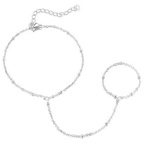 Emibele Gold Bracelets for Women, 18K Gold Plated Hand Chain, Cubic Zirconia Stainless Steel Non Tarnish Hand Chain Bracelet with Finger Ring, Adjustable Trendy Jewelry Valentines Day Gifts for Women - style: Silver