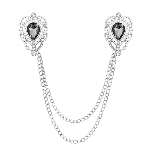 Teardrop Rhinestone Brooch Mens Lapel Pins for Shirt Collar Hanging Chain Brooch Suit Pin Crystal Rhinestone Lapel Pins for Men - color: Grey-J