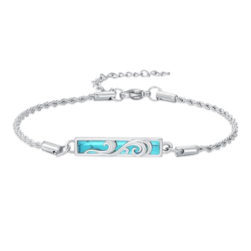 Waves/Tree of Life/Mushrooms/Moon Phase/Butterfly/Hummingbird Bracelet/Anklet 925 Sterling Silver Adjustable Abalone Shell Bar Bracelet/Anklet Summer Jewelry Gifts for Women - color: Waves-Turquoise, size: Bracele 7"+2"