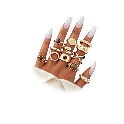 15 Pcs Chunky Gold Rings for Women Open Adjustable Pearl Rings Set | Stackable Statement Rings Pack,Shall Shell，Stacking Knuckles Rings Set, Trendy Stuff Jewelry Gift, Gold Baroque Pearl - color: Brown