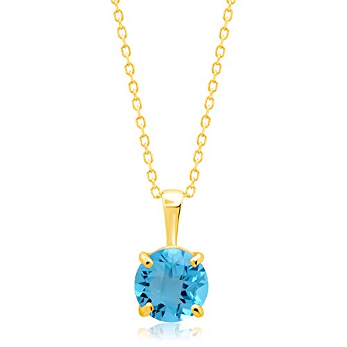 MAX + STONE 14k White or Yellow Gold Gemstone Round Pendant Necklace for Women 6mm Solitaire Birthstone with 18 Inch Cable Chain - color: Genuine Swiss Blue Topaz
