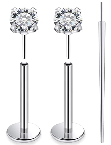 20G 18G 16G F136 Titanium Threadless Flat Back Earrings Nose Studs Tragus Forward Helix Conch Cartilage Lobe Earrings Medusa Labret Snake Bite Monroe Lip Ring Piercing Jewelry For Women Men - size: 18G-10MM Bar-CZ 3MM