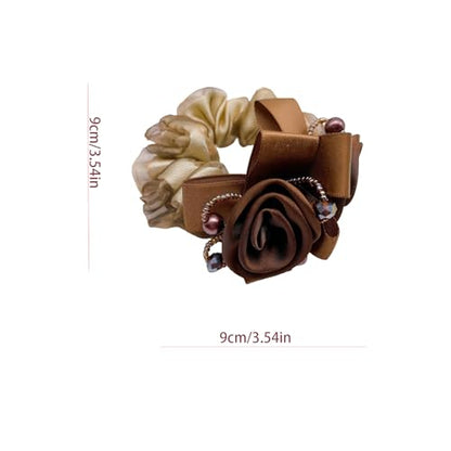 Satin Hair Scrunchie with Rose Flower, Brown and Gold, Pearl Beads, Ribbon Bow, Hair Tie Accessory, 9cm (khaki) - color: khaki