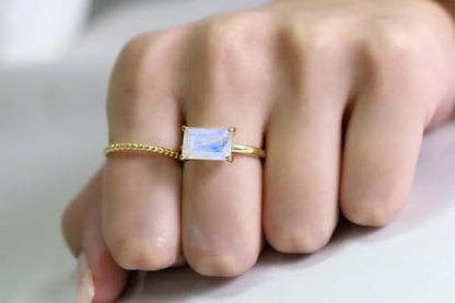 Emerald Cut Moonstone Ring - Rainbow Moonstone Solitaire - Sterling Silver June Birthstone - Minimalist Rectangle Gemstone Ring