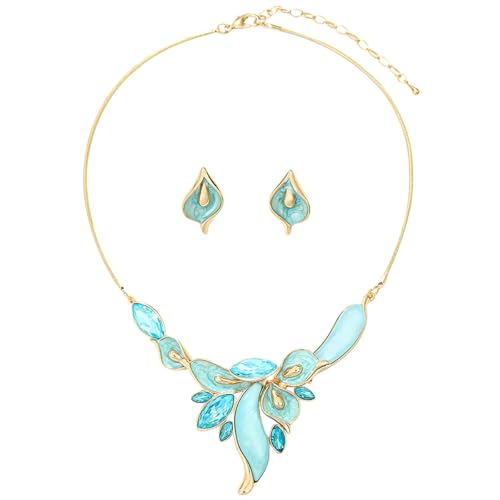 Chunky Statement Jewelry Set Vintage Retro Leaf Flower Floral Geometric Bohemian Boho Bib Necklace Earring Set Fashion Costume Jewelry for Women Girls Wedding Party Prom Unique Gift - style: calla lily flower JS gold aqua