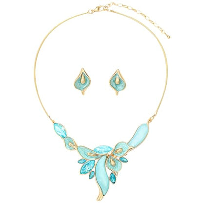 Chunky Statement Jewelry Set Vintage Retro Leaf Flower Floral Geometric Bohemian Boho Bib Necklace Earring Set Fashion Costume Jewelry for Women Girls Wedding Party Prom Unique Gift - style: calla lily flower JS gold aqua