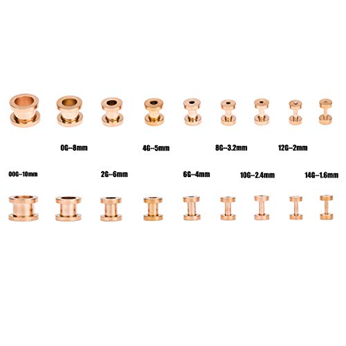18PCS Ear Tunnels Kit Stainless Steel Screw Fit 14G-00G Gauges Plugs Set Double Flared Stretcher Expander Body Piercing Jewelry - color: Rose Goldtone