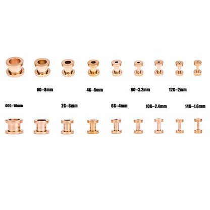 18PCS Ear Tunnels Kit Stainless Steel Screw Fit 14G-00G Gauges Plugs Set Double Flared Stretcher Expander Body Piercing Jewelry - color: Rose Goldtone