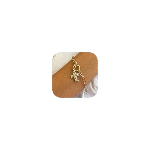 Cross Bracelet for Women Vintage Style Two-Tone Cross Chain Bracelet Gold Plated Paperclip Link Adjustable OT Clasp Jewelry